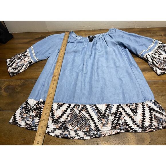 Ali Miles Top Women S Tunic Mixed Media Chambray Artsy Art to Wear Boho Western - Picture 7 of 9